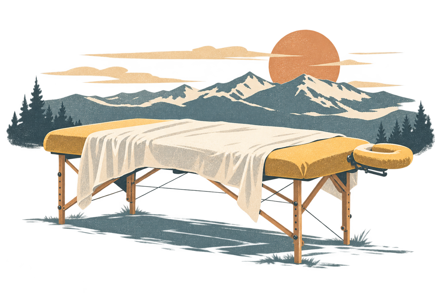 Retro-Illustration einer gelben Massageliege mit weißem Laken vor stilisierter Berglandschaft und Sonnenuntergang.